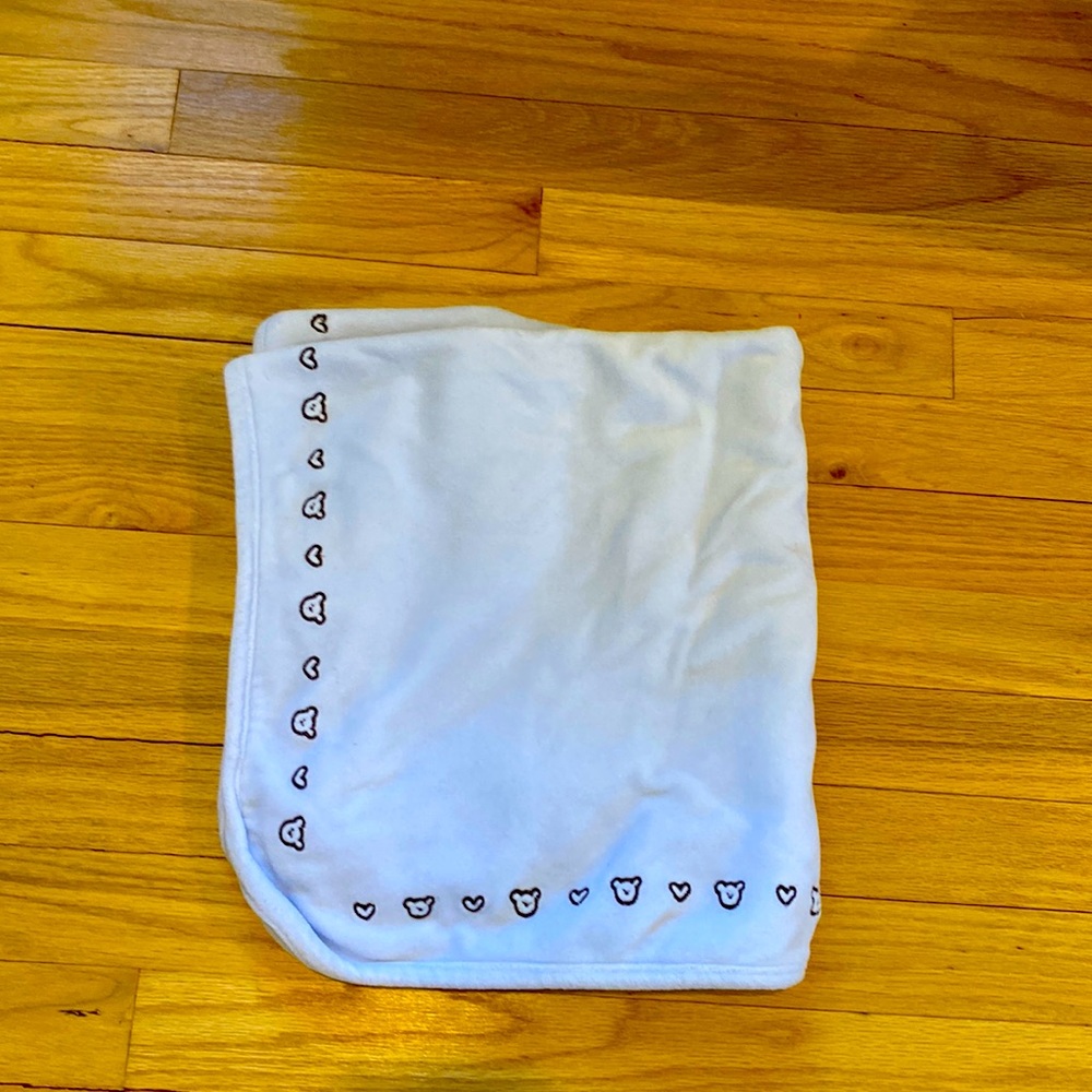 Soft powder blue blanket with embroidered bears and hearts